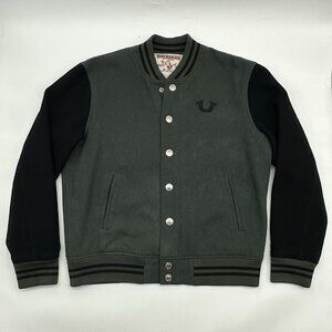 True Religion Varsity Men's Size XL Green Wool Blend Snap Button Bomber Jacket